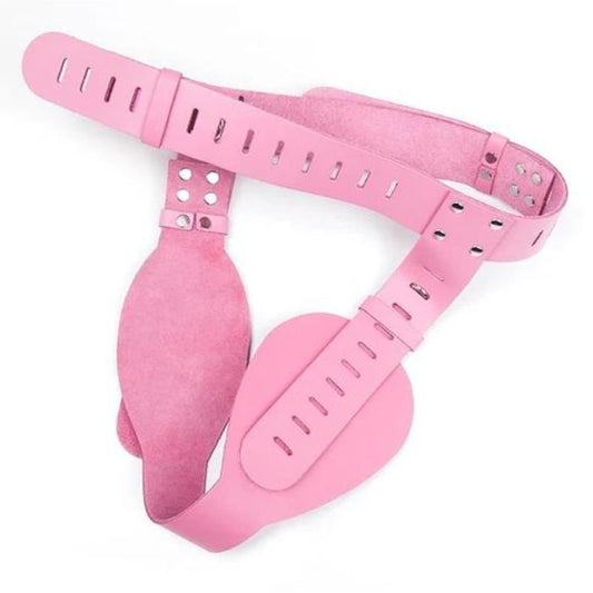 The Stockroom Deluxe Female Chastity Belt in Pink Leather is shown against a blank background.