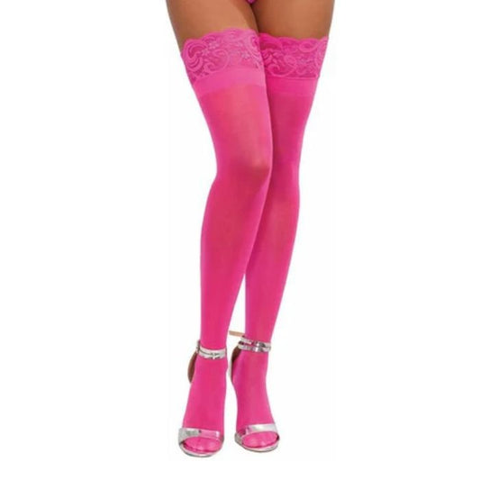 Dreamgirl Neon Pink Sheer Thigh-Highs with Lace Band - OS