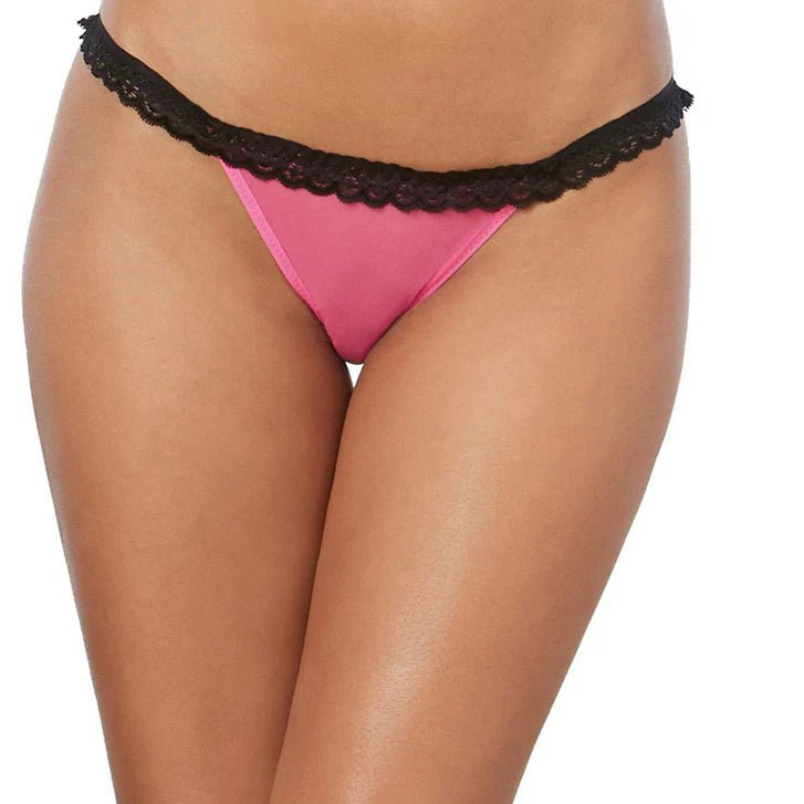 Dreamgirl Open-Back Heart Panty with Lace Ruffle Trim- Hot Pink/Black