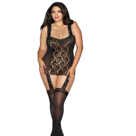 CB - X - Dreamgirl Plus Size Sheer Lace - Up Garter Dress with Thigh Highs