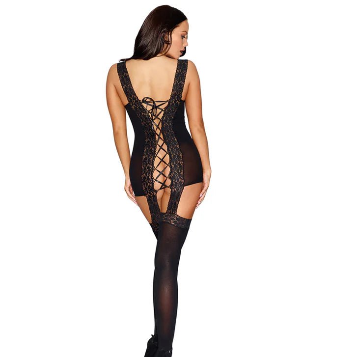 Dreamgirl Sheer Lace-Up Garter Dress with Thigh Highs - One Size