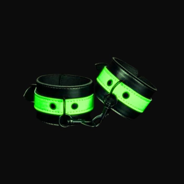 Neon Green Glow in the Dark Leather Adjustable Hand & Ankle Cuffs