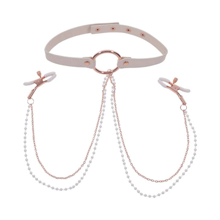 CB - X - Sex & Mischief Peaches 'n CreaMe BDSM Collar with Rose Gold Nipple Clamps
