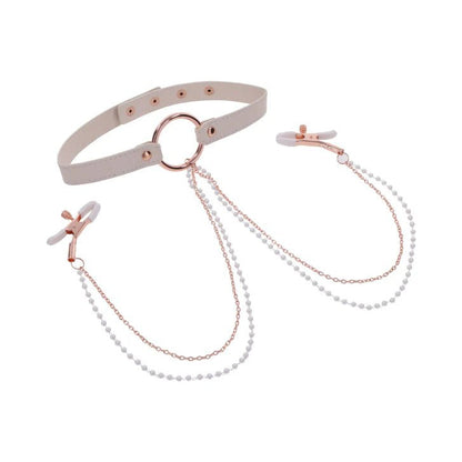 Sex & Mischief Peaches 'n CreaMe BDSM Collar with Rose Gold Nipple Clamps