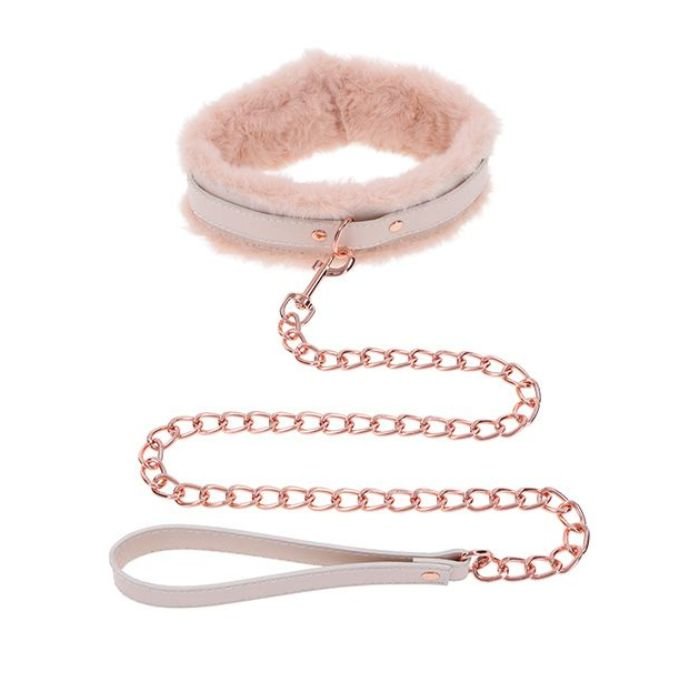 Sex & Mischief Peaches 'n CreaMe Faux Fur-Lined BDSM Collar & Rose Gold Leash