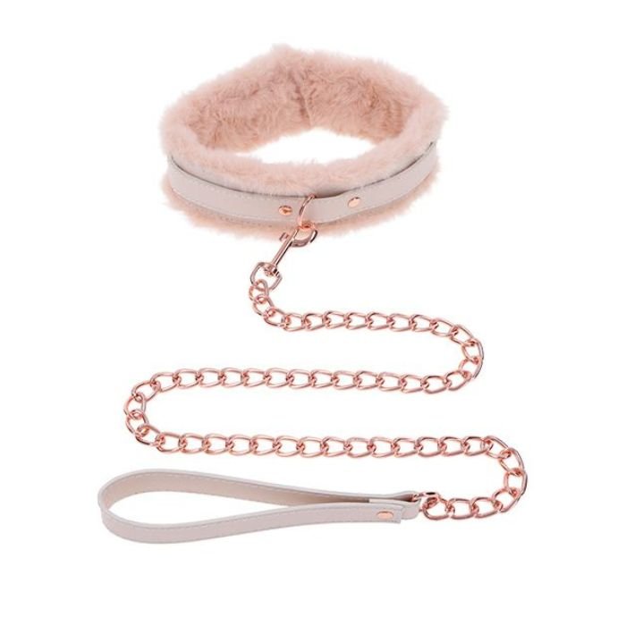 CB - X - Sex & Mischief Peaches 'n CreaMe Faux Fur - Lined BDSM Collar & Rose Gold Leash