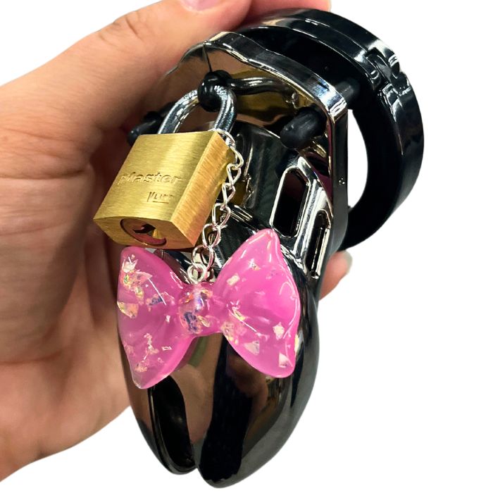 Sparkly Pink Bow Chastity Cage Charm