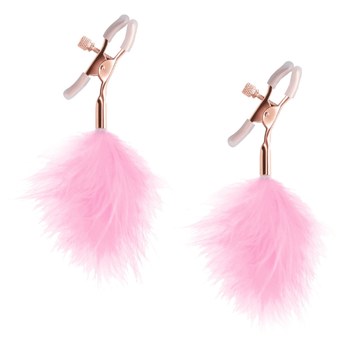 set of pink feather nipple clamps with adjustable rose gold clamps and translucent white silicone tips.
