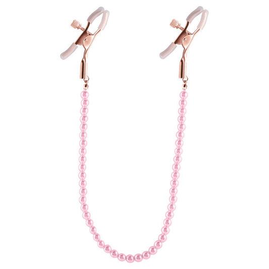 set of adjustable rose gold nipple clamps and translucent white silicone tips connected by string of pearls.