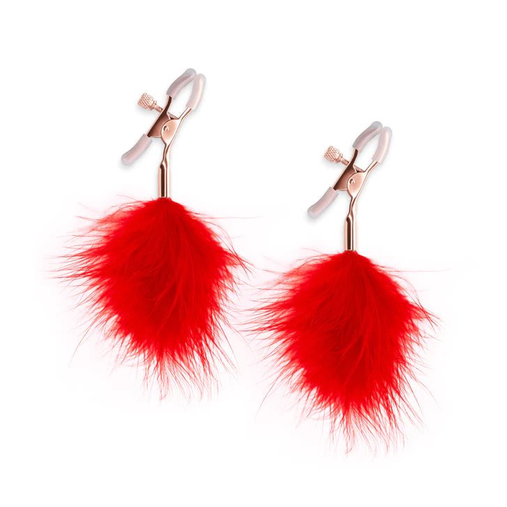 Adjustable Rose Gold Nipple Clamps with Red Feathers