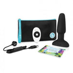 black plug, white remote with black accents, black storage bag with teal accents and white text, black USB charging cord, guide to anal play manual