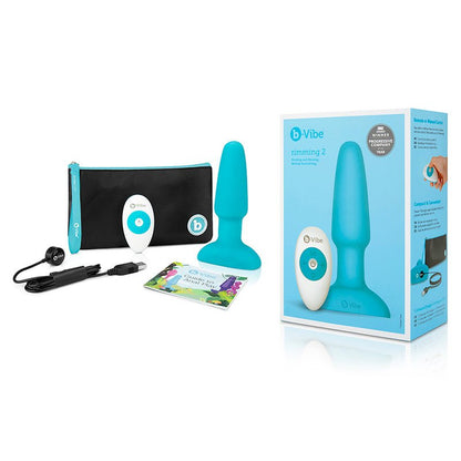 teal product package with image of plug and remote, teal plug, white remote with teal accents, black storage bag with teal accents and white text, black USB charging cord, guide to anal play manual