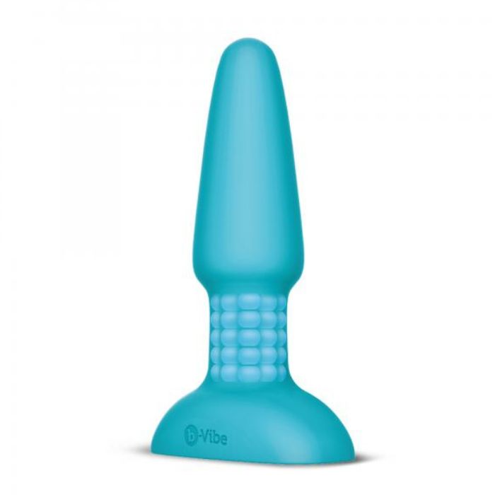 teal b-vibe butt plug with rimming beads around the neck between the plug and the base