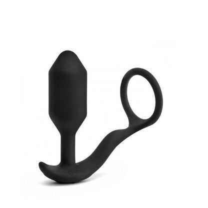 front angled view black b-vibe snug and tug with butt plug and attached cock ring