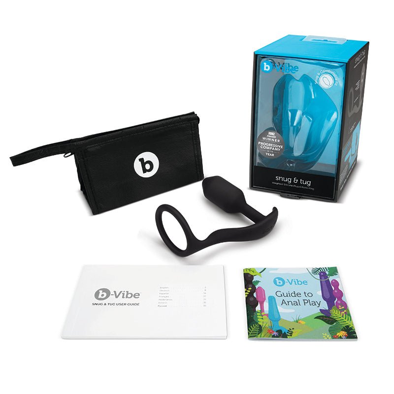 black snug and tug, black storage zip top bag with white b logo, white user guide, guide to anal play manual, black and teal with clear front packaging box for plug.
