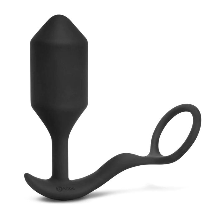 side view black b-vibe snug and tug with XL  butt plug and attached cock ring
