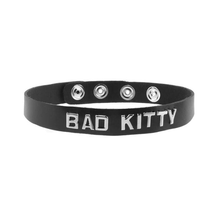 black bad kitty word band collar with four snaps in back to adjust size