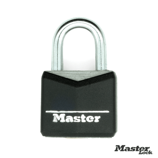 Black Vinyl Coated Master Lock Padlock with steel shackle and Master name cut out of the black vinyl coating so it appears in steel