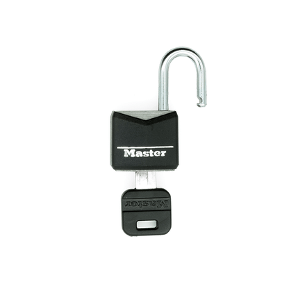 Black Vinyl Coated Master Lock Padlock with key inserted and shackle open