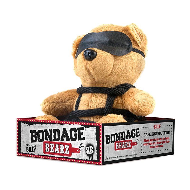 full-body Shibari rope bondage stuffed teddy bear and eyes are covered by a faux leather eye mask