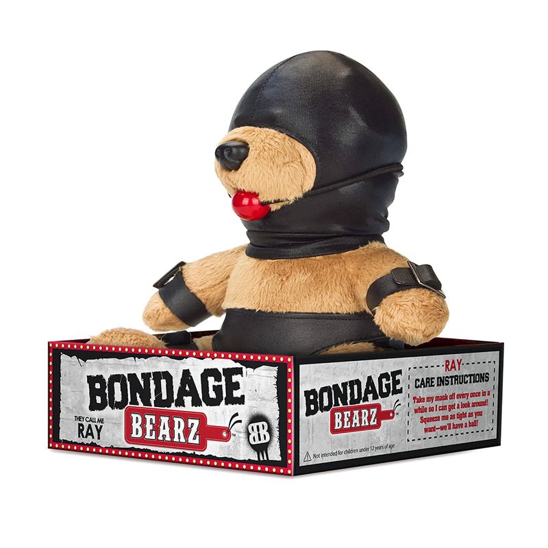 Bondage Bearz Gary Gag Ball stuffed teddy bear dressed in full faux leather bondage gear, including a red ball gag