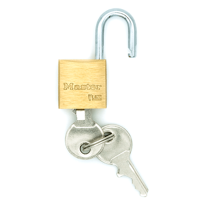 Brass Master Lock Padlock with shackle open and key inserted into lock