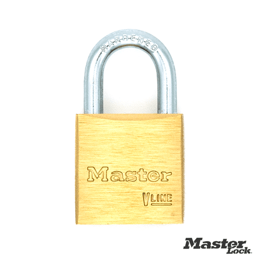 brass body Master lock padlock with silver steel shackle, "master" and "vline" are cut into the lock, "hardened" in the shackle
