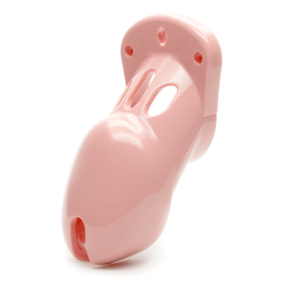 Front view and side profile of pink CB-3000 cock cage only, tip of the cage angled to the left