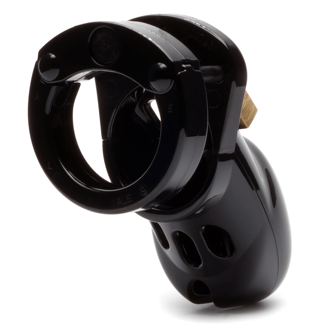 Back and side view, with tip angled to the right of a fully-assembled black CB-3000 penis chastity cage.