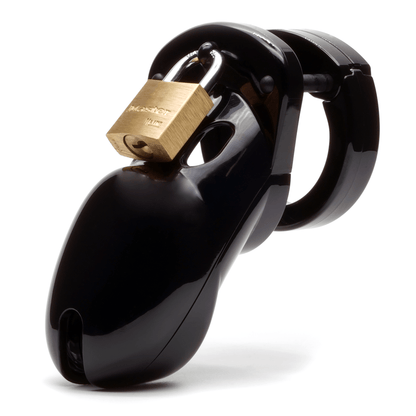 Front view, with tip angled to the left of a fully-assembled black CB-3000 penis chastity cage. Three black locking pins connect the base ring to the penis cage and a brass padlock is secured through a hole on the center locking pin.
