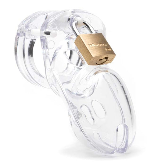 Front view, with tip angled to the right of a fully-assembled clear CB-3000 penis chastity cage locked together with a brass Master padlock. Three white locking pins connect the base ring to the penis cage.