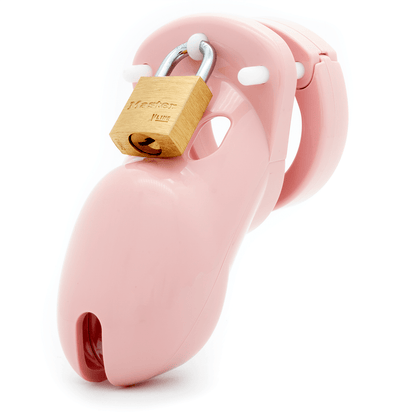 Front view, with tip angled to the left of a fully-assembled pink CB-3000 penis chastity cage. Three white locking pins connect the base ring to the penis cage and a brass padlock is secured through a hole on the center locking pin.