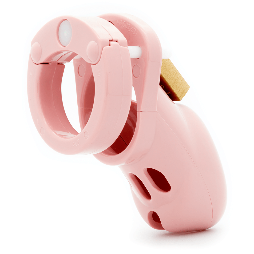 Back and side view, with tip angled to the right of a fully-assembled pink CB-3000 penis chastity cage.
