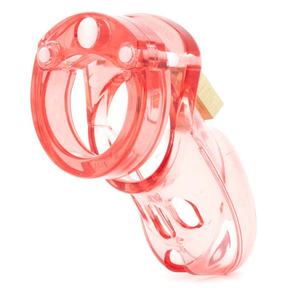 Back view, with tip angled to the right of a fully-assembled transparent red CB-3000 penis chastity cage locked together with a brass Master padlock. Three white locking pins connect the base ring to the penis cage.