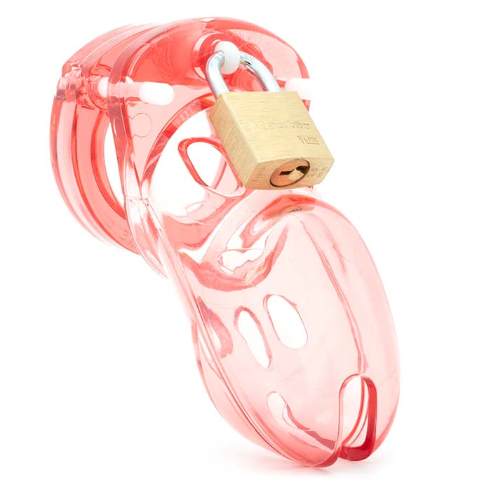 Front view, with tip angled to the right of a fully-assembled transparent red CB-3000 penis chastity cage locked together with a brass Master padlock. Three white locking pins connect the base ring to the penis cage.