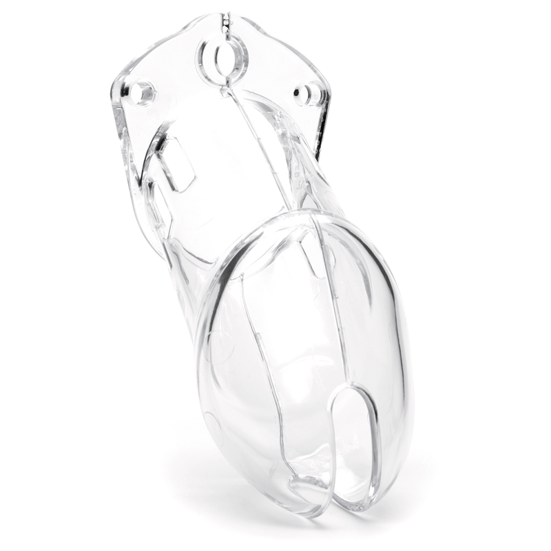 Front view of clear CB-6000 cock cage only, tip of the cage angled to the right