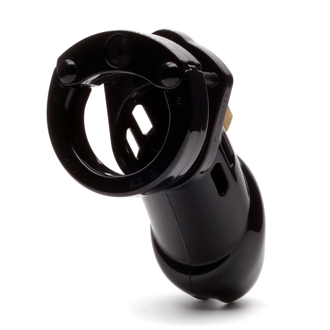 Back view, with tip angled to the right of a fully-assembled black CB-6000 penis chastity cage.