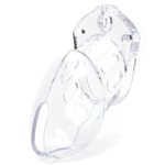Front view and side profile of clear CB-6000S cock cage only, tip of the cage angled to the left