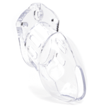 Front view and side profile of clear CB-6000S cock cage only, tip of the cage angled to the right
