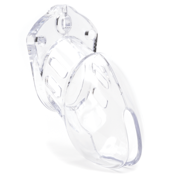 Front view and side profile of clear CB-6000S cock cage only, tip of the cage angled to the right