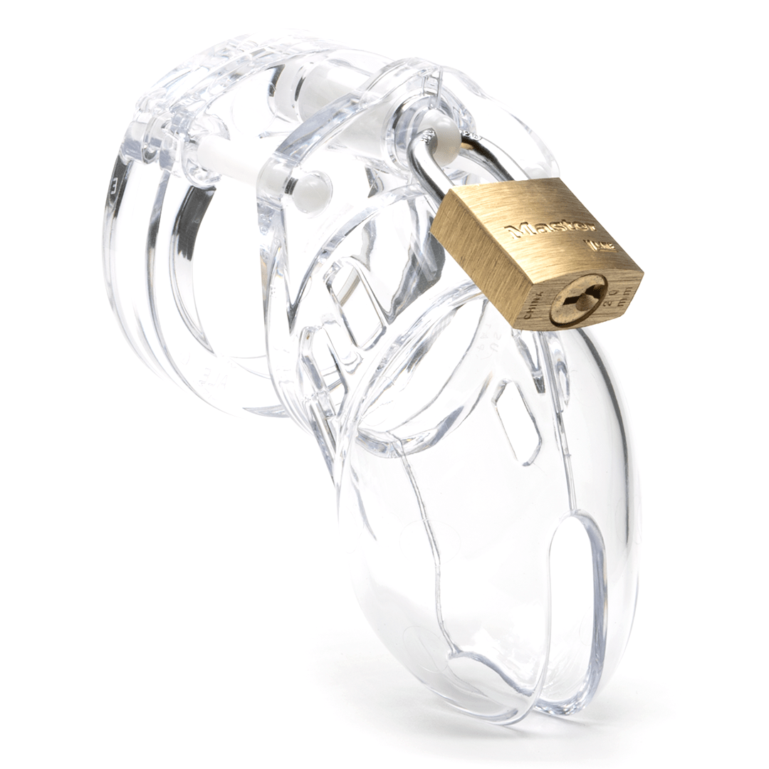 clear penis chastity cage with a base ring and white guide pins, locked together with a brass lock