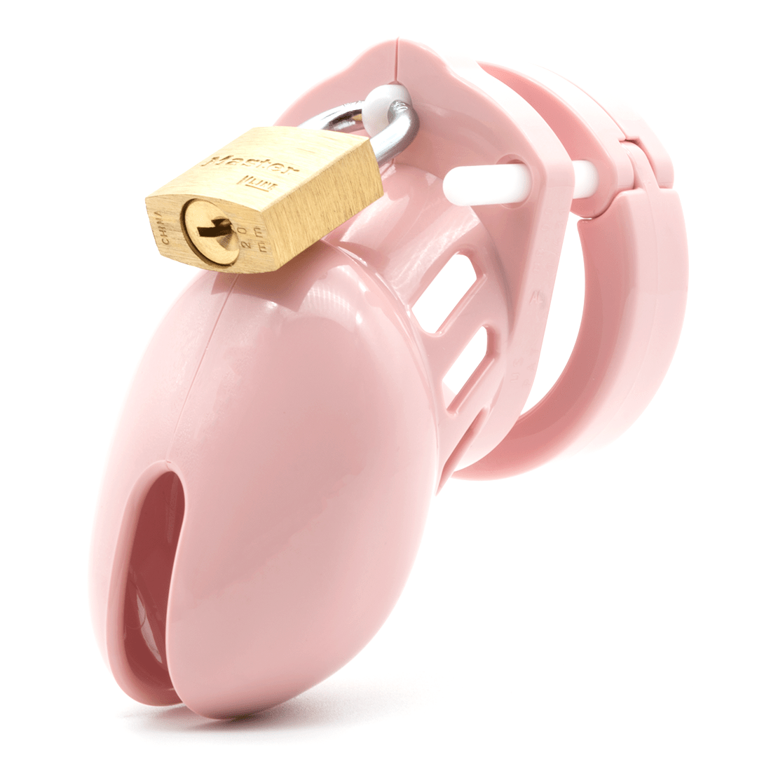 Front view, with tip angled to the left of a fully-assembled pale bubblegum pink CB-6000s penis chastity cage. Three white locking pins connect the base ring to the penis cage and a brass padlock is secured through the hole on the center locking pin.
