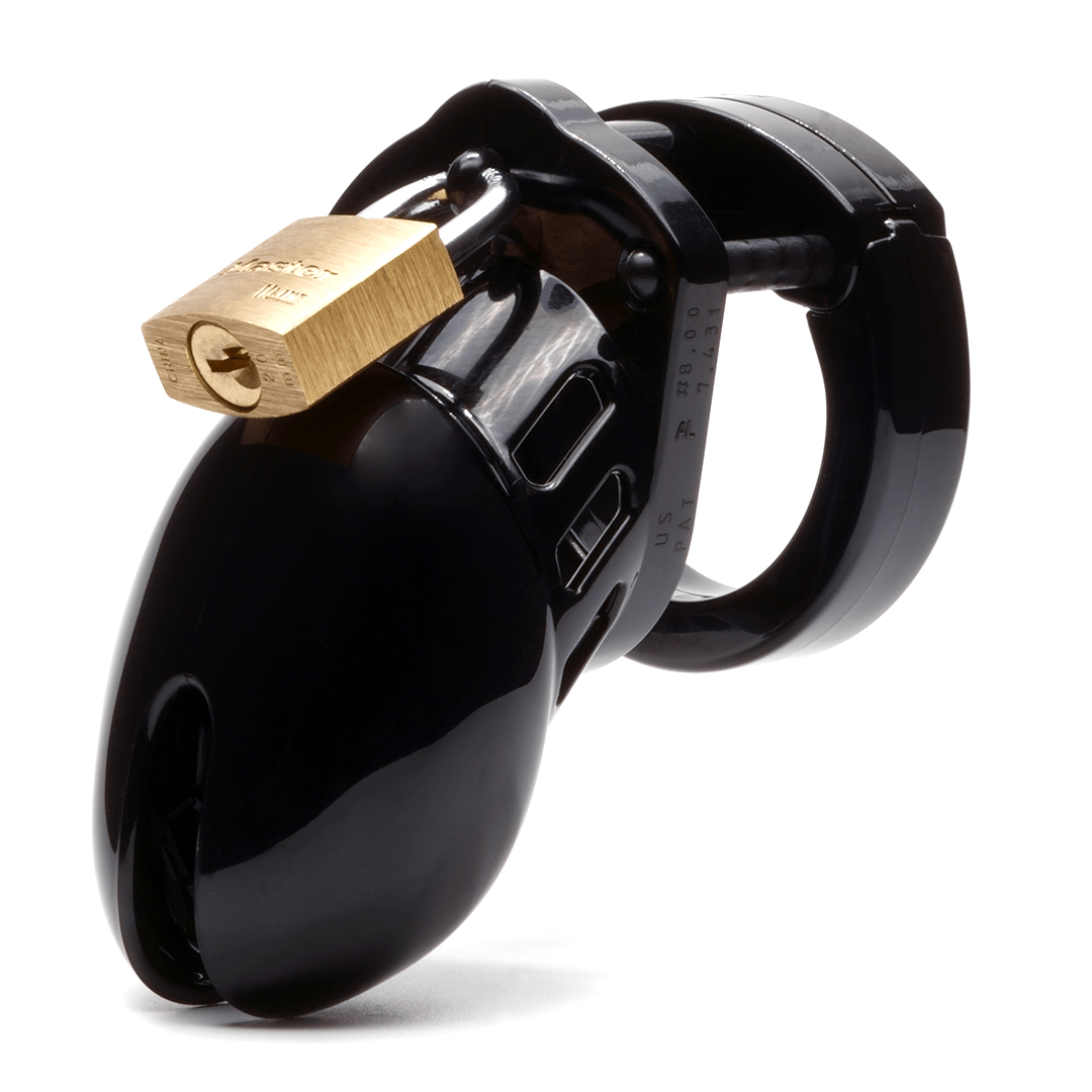Front view, with tip angled to the left of a fully-assembled black CB-6000s penis chastity cage. Three black locking pins connect the base ring to the penis cage and a brass padlock is secured through the hole on the center locking pin.