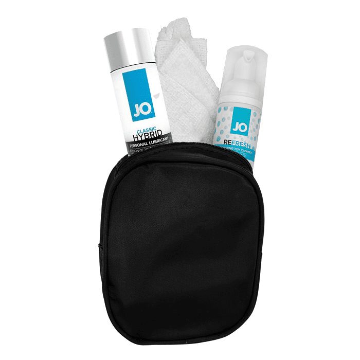 black zipper carrying case with 1 ounce JO hybrid personal lubricant bottle, one personal sized white microfiber. and one 1.7 ounce JO Refresh foaming toy cleaner bottle