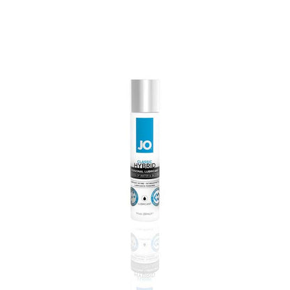 Front view of System JO® Classic Hybrid Silicone and Water-Based lubricant 1 ounce bottle. Bottle is clear with blue accents, black and blue text on lable, with a silver cap.