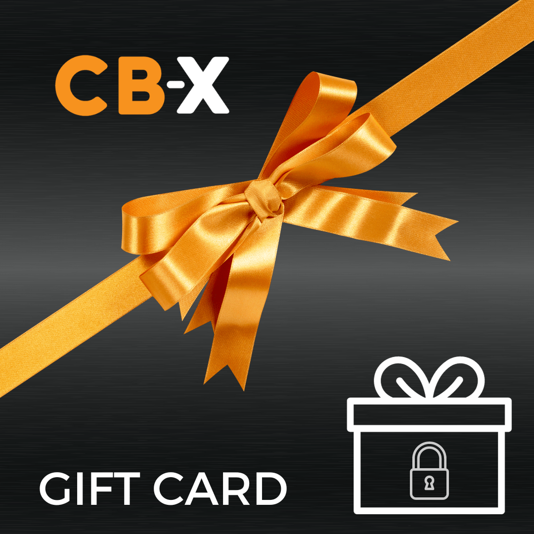black with orange bow diagonally crossed with CB-X logo, words "GIFT CARD", and white outlined present box with a lock image inside