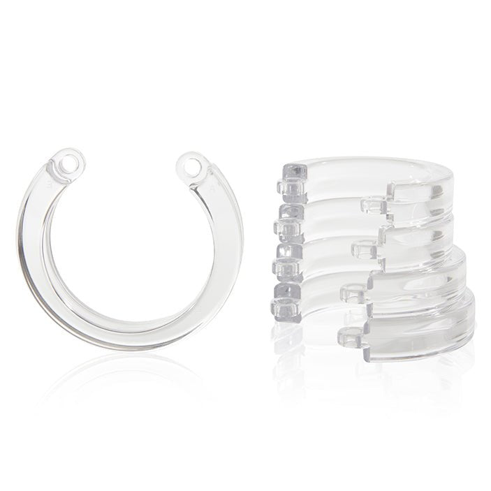 single clear CB-X Replacement U-ring #2 next to stack of other four sizes of u-rings