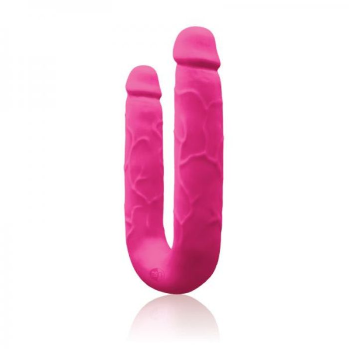 hot pink double ended silicone dildo with realistic penis veins and head on each end.