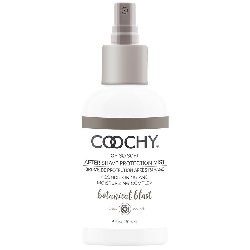 4 ounce spray top Coochy After Shave Protection Mist in white bottle with bronze accents and text.