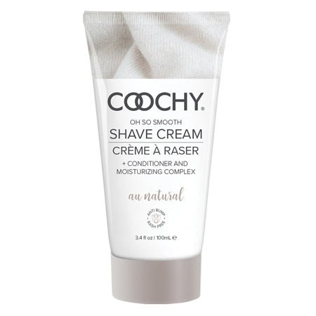 Coochy Au Natural Shave Cream 3.4 oz squeeze bottle with white linen image and black text.